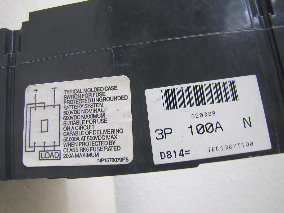 Used GE 100 Amp 100A Circuit Breaker 600 VAC 250 VDC 3 Pole TED136YT100