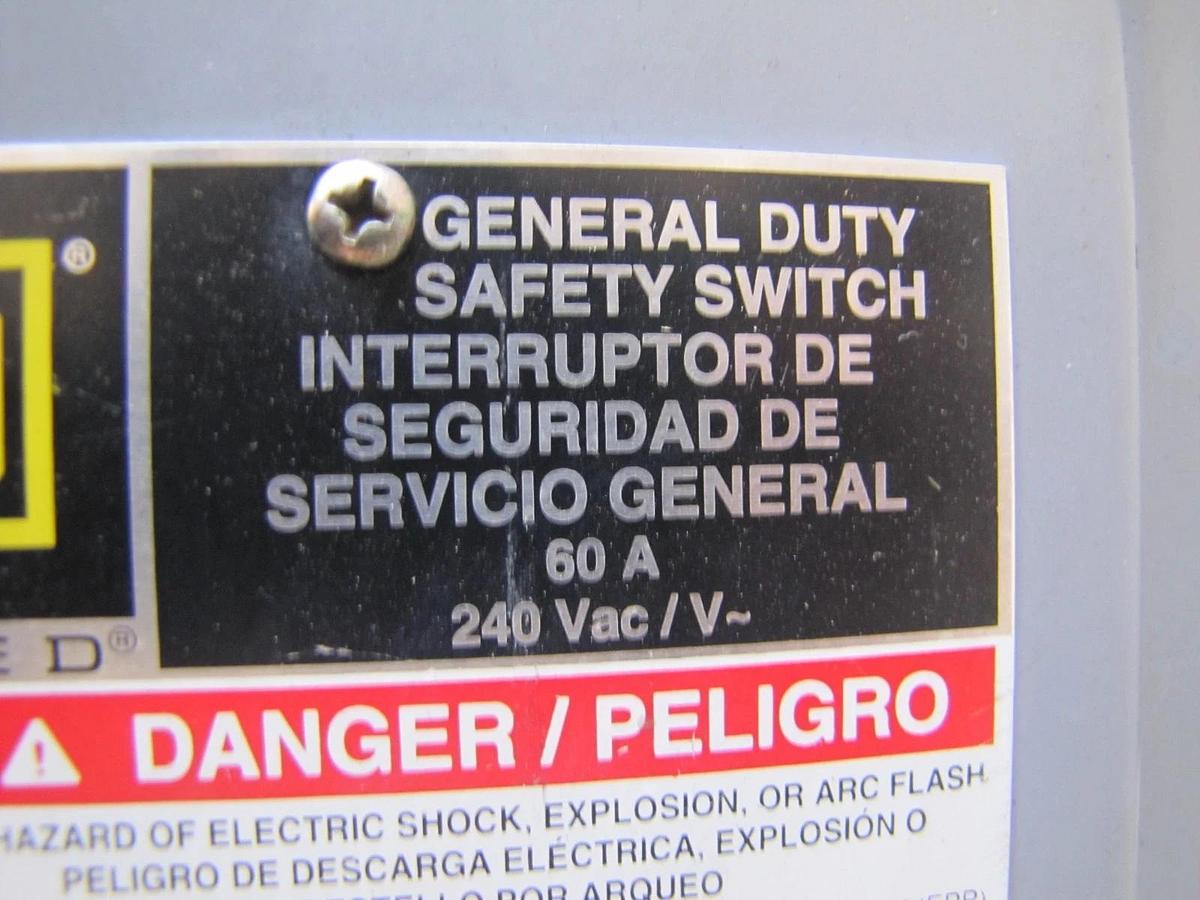Used Square D D322N 60A 3 Pole Fusible Disconnect Safety Switch 240V 3 Phase