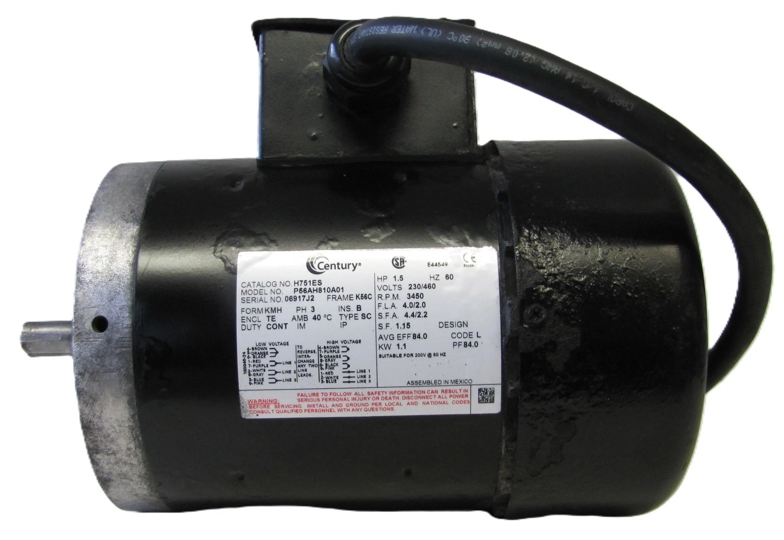 Used Century 1.5HP Electric Motor 230/460V 3 Phase 3450RPM 56C K56C P56A8H10A0 H751ES
