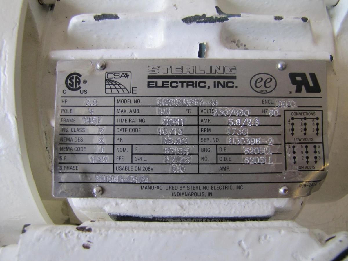 Used Sterling 2 HP Electric Motor 1730 RPM 230/460V 3 Phase 145T 7/8" Dia. Shaft