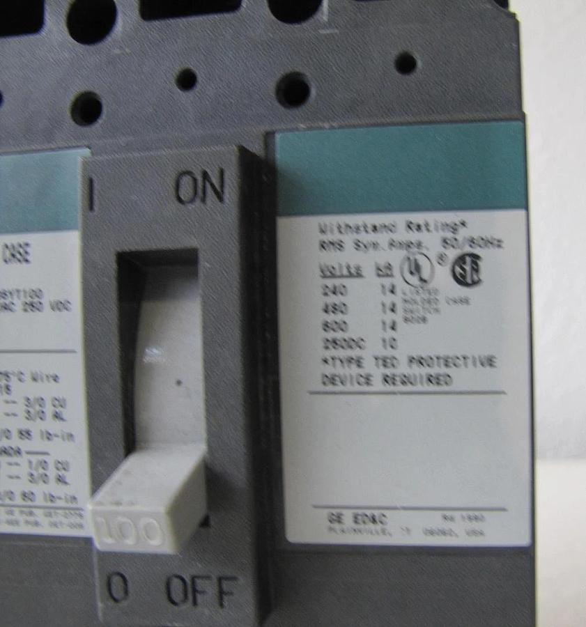 Used GE 100 Amp 100A Circuit Breaker 600 VAC 250 VDC 3 Pole TED136YT100