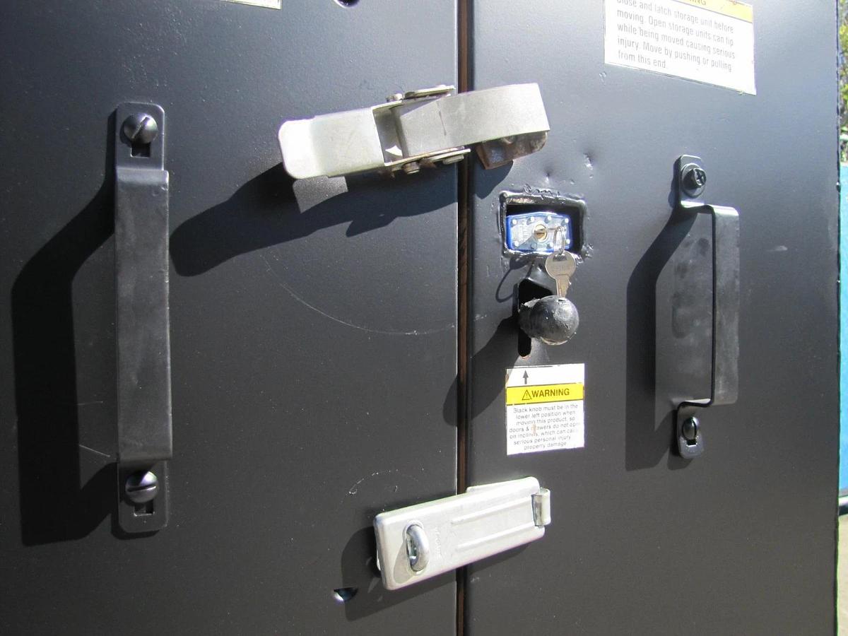 Used Knaack 100 Bi-fold Folding Rolling Storage Cabinet 65" x 30" x 60" with New Lock