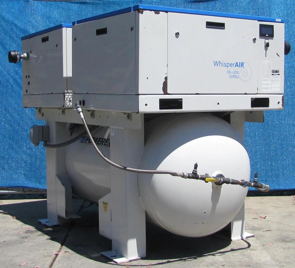 Used Powerex WhisperAIR Oil Less Dual 7.5 HP Scroll Compressor 200 Gallon Tank AS IS