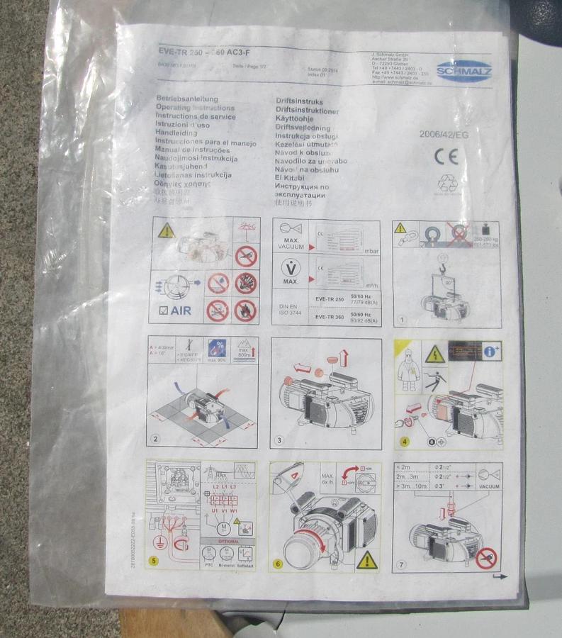 Used Schmalz EVE 250 Dry Vacuum Pump 168 CFM 6.6 KW / 8.9 HP Electric Motor 230/460V