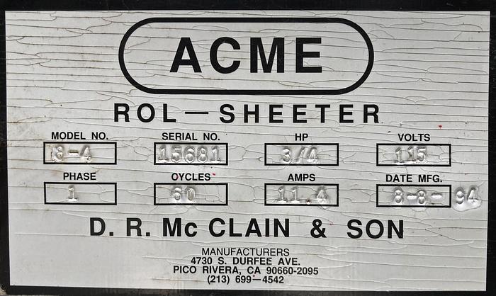 Used USED Acme Rol-Sheeter, Model 8-4
