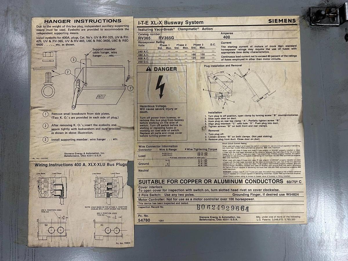 Used SIEMENS ITE RV365 XL-X BUSWAY FUSIBLE SWITCH PLUG ($2750 OBO)