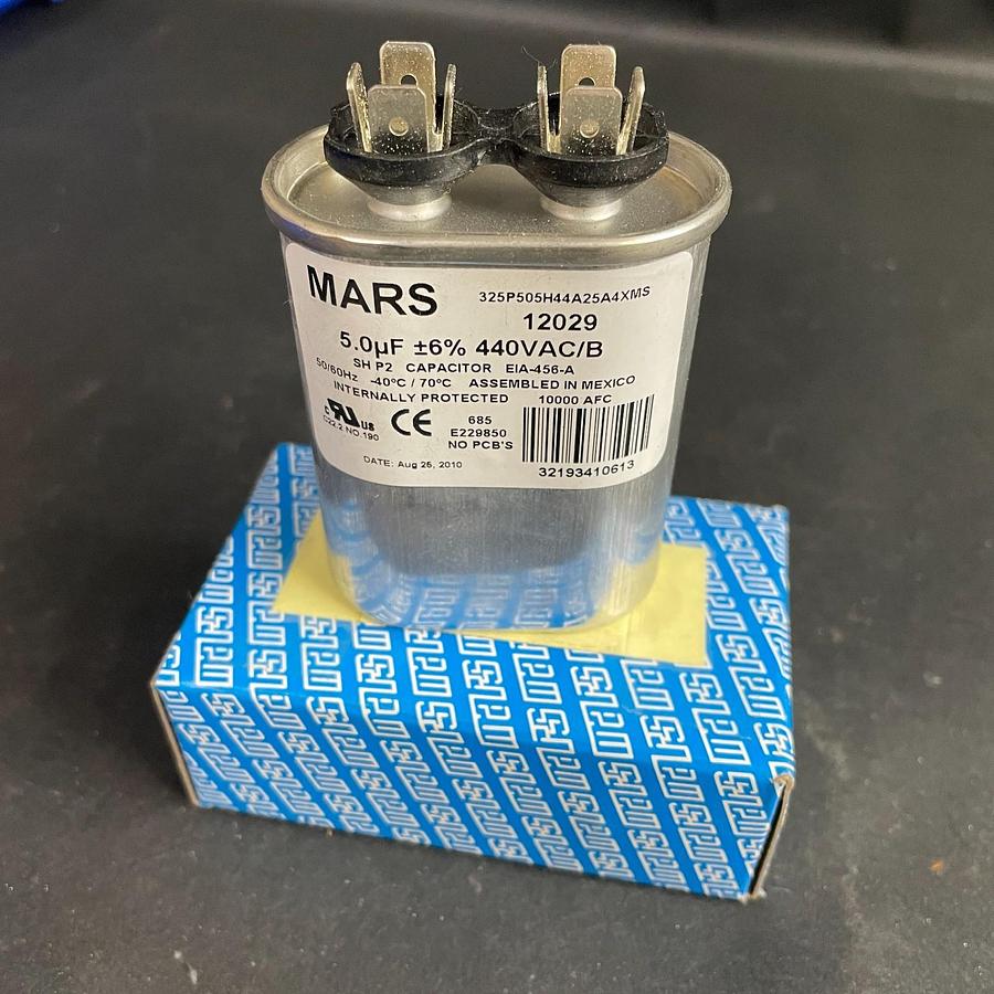 Used MARS 12029 MOTOR RUN CAPACITOR 5 MFD 440/370VAC OVAL 50/60HZ HVAC OEM
