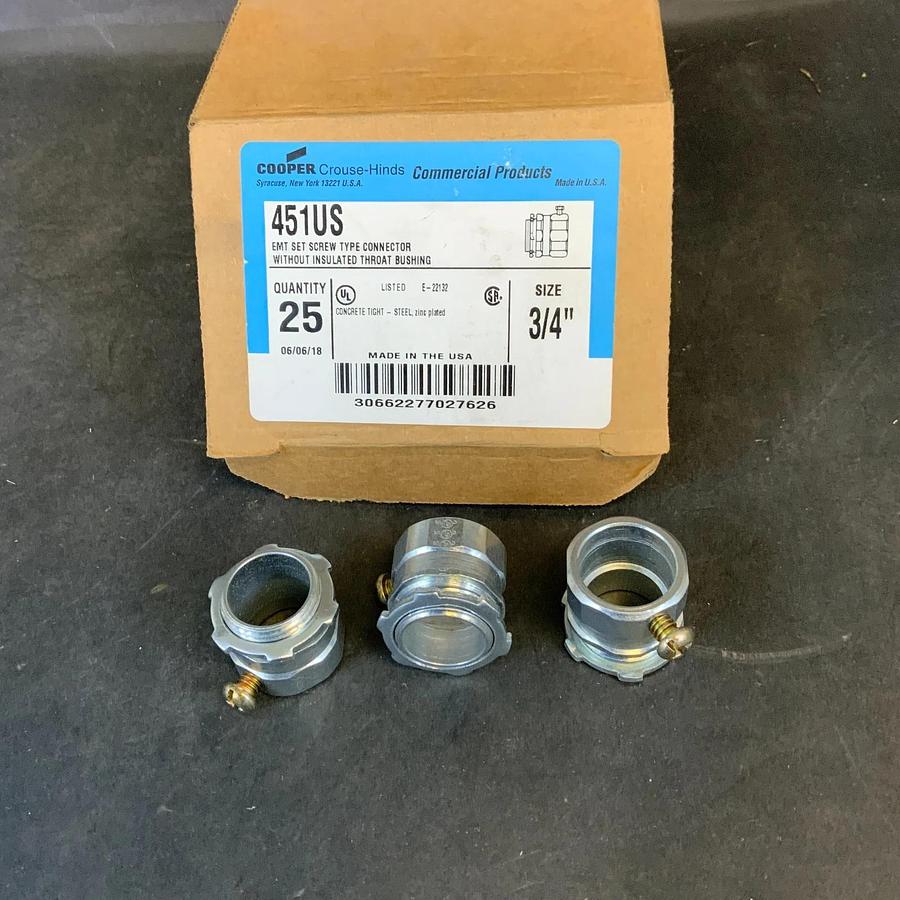 COOPER CROUSE-HINDS 451US 3/4” EMT SET SCREW CONNECTOR - BOX OF 25 ($25 OBO)