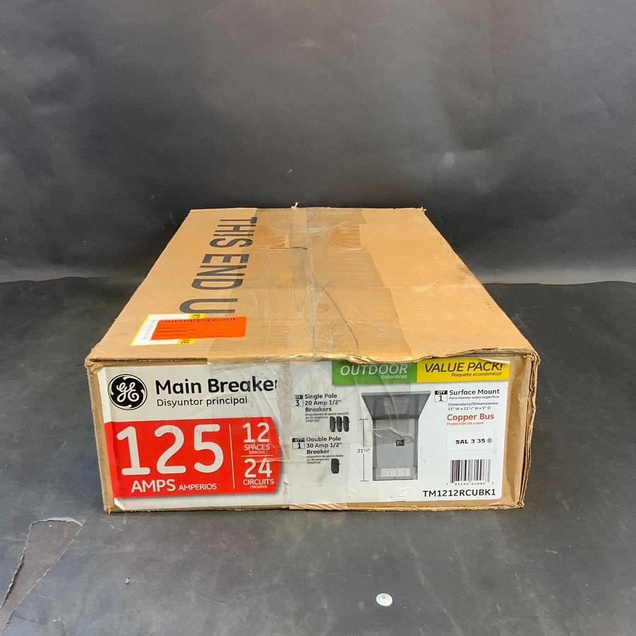 Used GE TM1212RCUBK1 MAIN BREAKER LOAD CENTER 12 SPACE 24 CIRCUIT 1PH 3W NEMA 3R