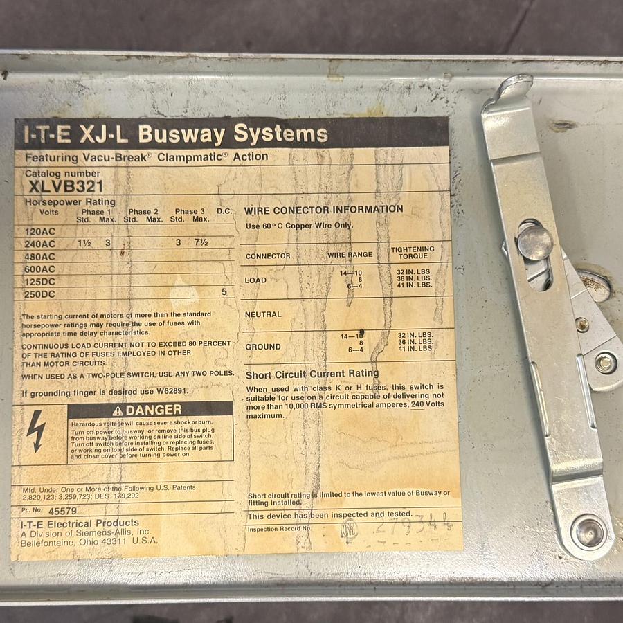 Used ITE XLBV321 BUSWAY PLUG FUSIBLE SWITCH ($200 OBO)