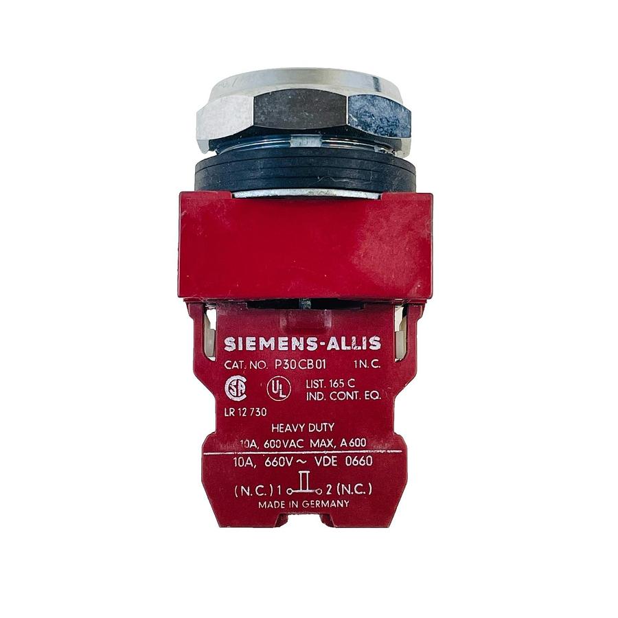 Used SIEMENS P30PBFR P30CB01 22MM PUSHBUTTON SWITCH RED FLUSH 1NC 10A 600V HEAVY DUTY