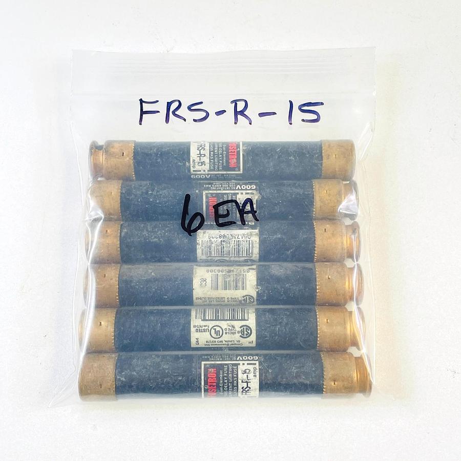 Used BUSSMANN FUSETRON FRS-R-15 15A 600V CLASS RK5 TIME DELAY FUSE (LOT OF 6)