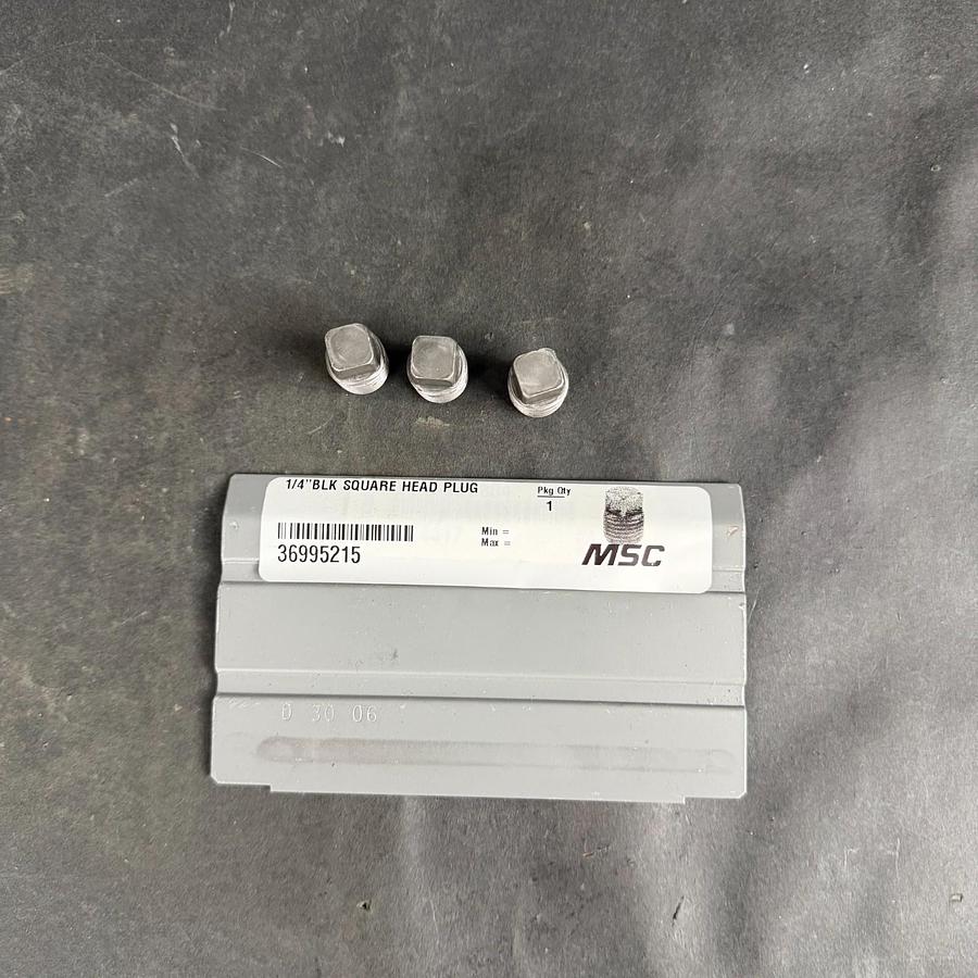 Used MSC 1/4” BLK SQUARE HEAD PLUG - SET OF 3