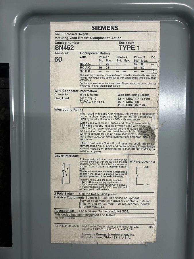 Used Siemens SN452 Type 1 Enclosed Switch $100!!!