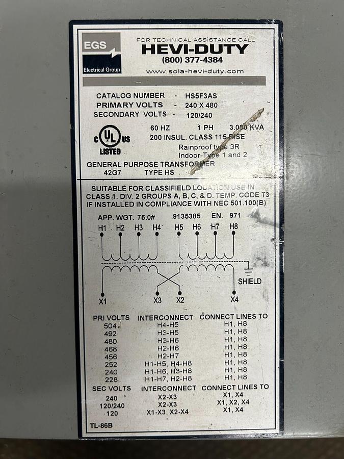 Used EGS HEVI-DUTY HS5F3AS Transformer 3KVA ($199.99 OBO!!!)