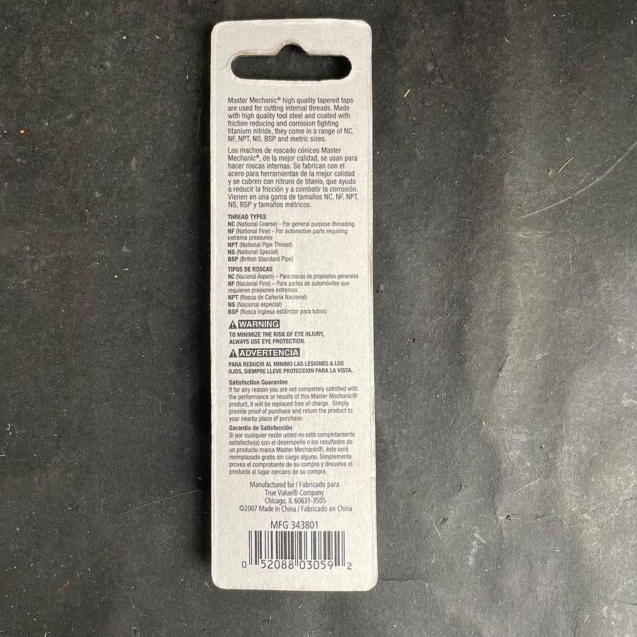 MASTER MECHANIC 789216 METRIC 9MM 1.25 THREAD PLUG TAP 5/16” TITANIUM