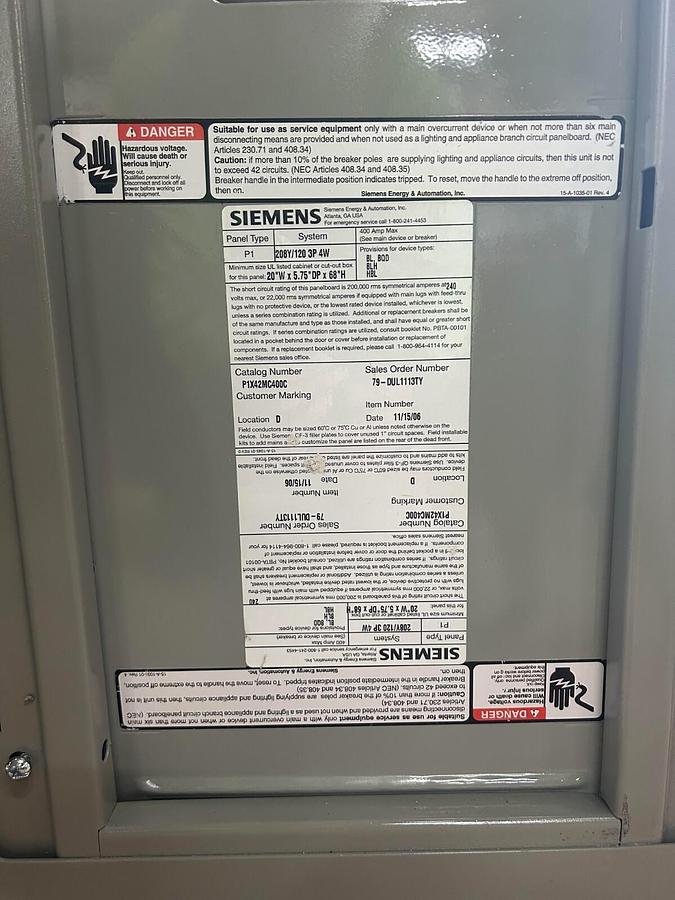 Used Siemens 400A P1X42MC400C Panelboard 208Y/120V 3P 4W ($1,999.99 OBO!!!)
