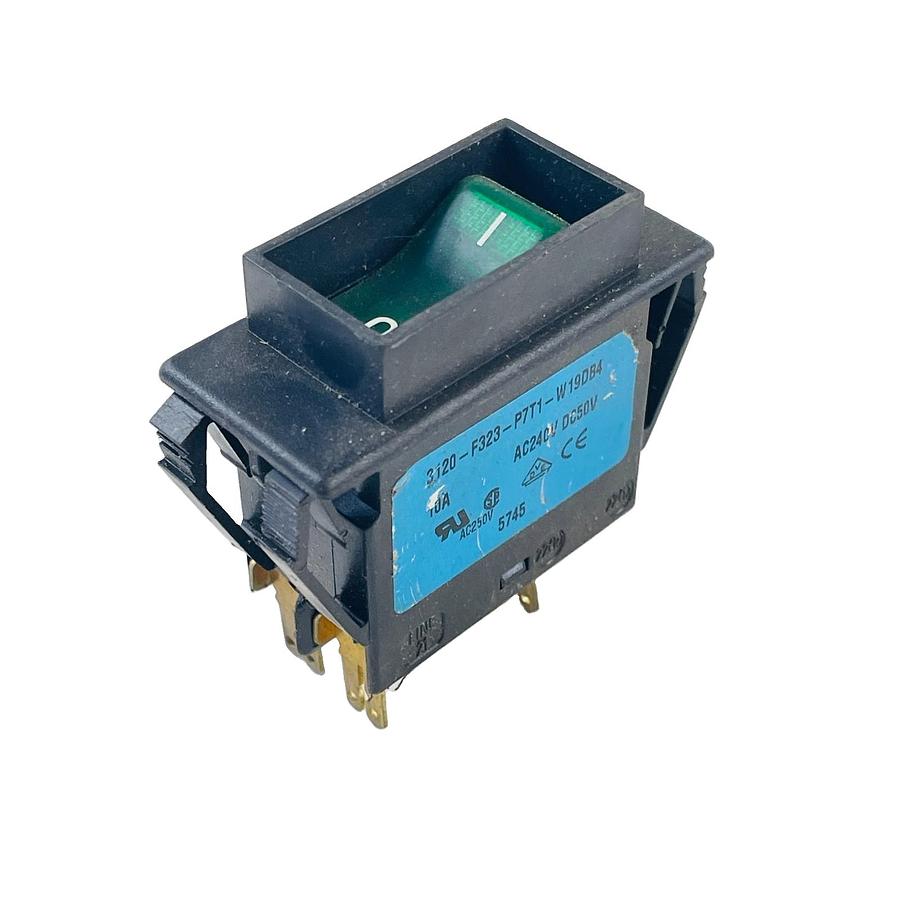 Used E-T-A 3120-F323-P7T1-W19DB4 10A 240VAC 50VDC GREEN ILLUMINATED ROCKER BREAKER