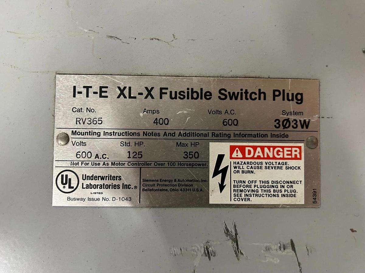 Used SIEMENS ITE RV365 XL-X BUSWAY FUSIBLE SWITCH PLUG ($2750 OBO)