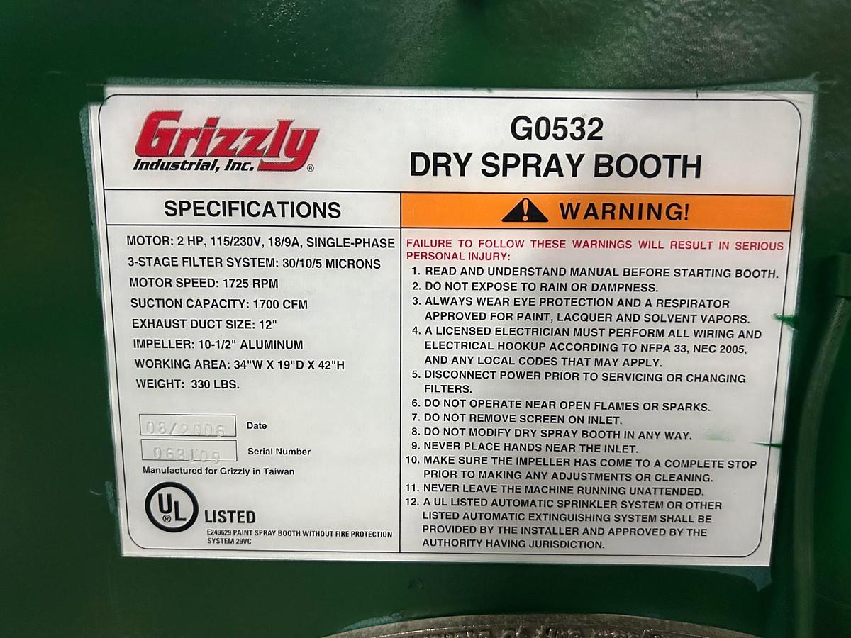 Used Grizzly G0532 Dry Spray Booth ($2,500 OBO)