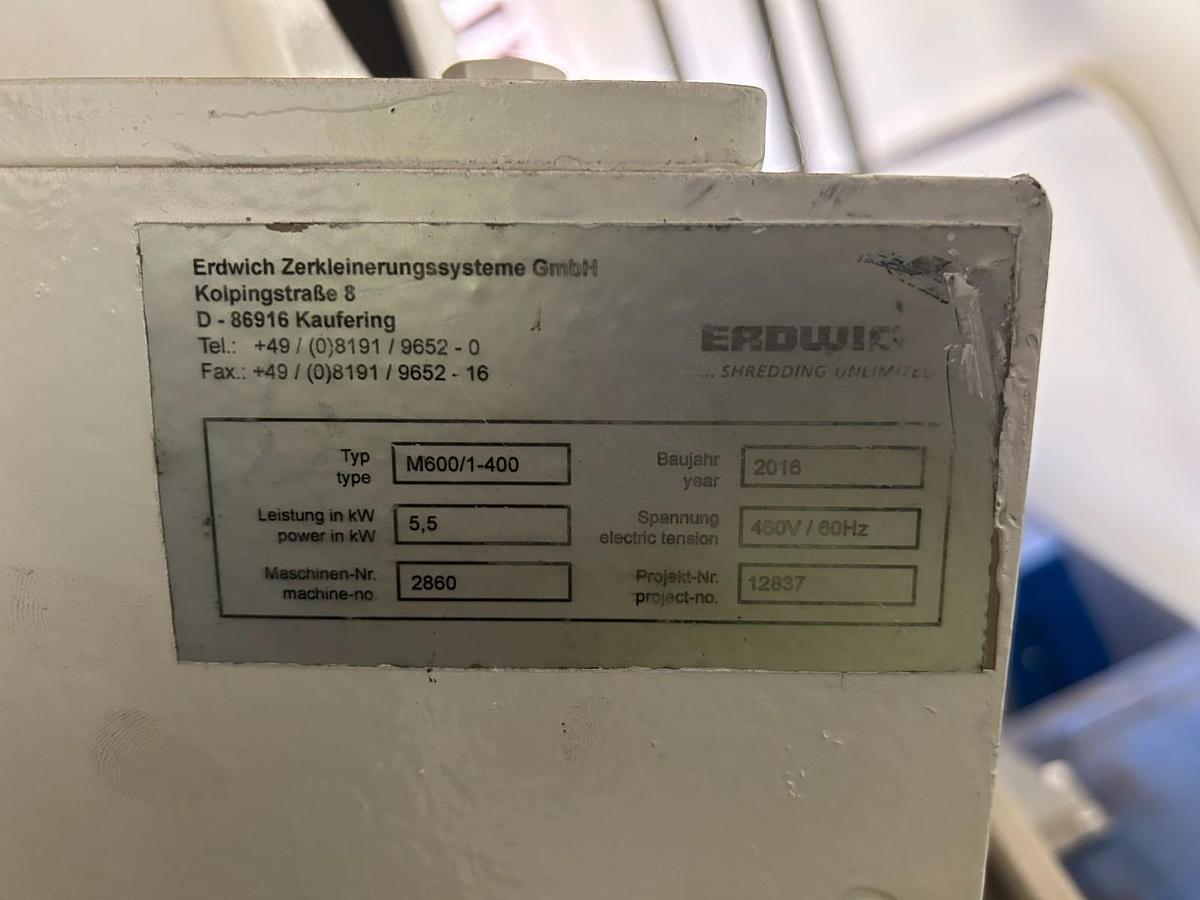 Used ERDWICH M600/1-400 Single Shaft Shredder 15.8" x 19.7" Industrial OEM Machine