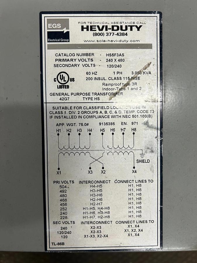 Used EGS HEVI-DUTY HS5F3AS Transformer 3KVA ($199.99 OBO!!!)
