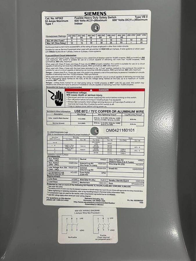 Used Siemens Fusible Heavy Duty Safety Switch HF362 $300