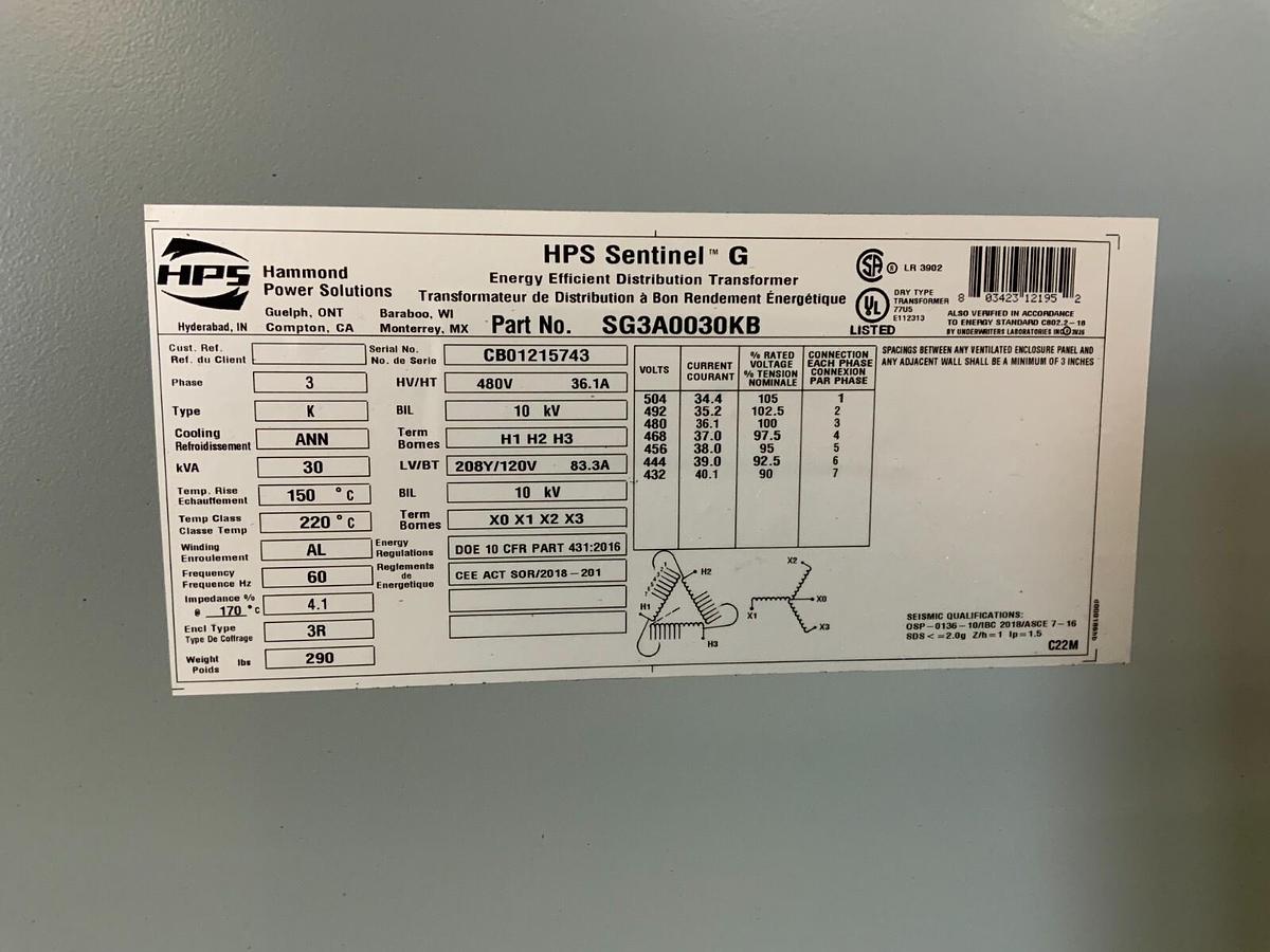 Used HPS Sentinel G Transformer PART # SG3A0030KB (30kVA) ($2,699.99 OBO!!!)