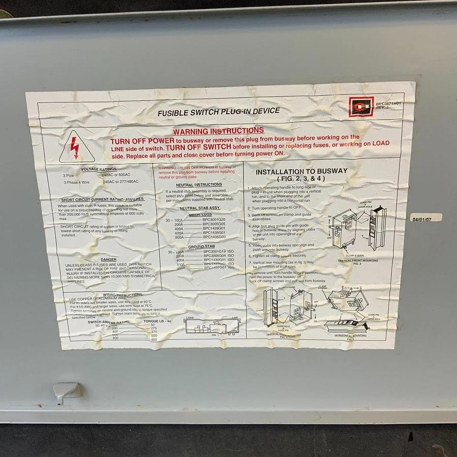Used EATON POW-R-WAY III P3F363RGH BPC3001G08 BUSWAY FUSIBLE SWITCH ($1000 OBO)