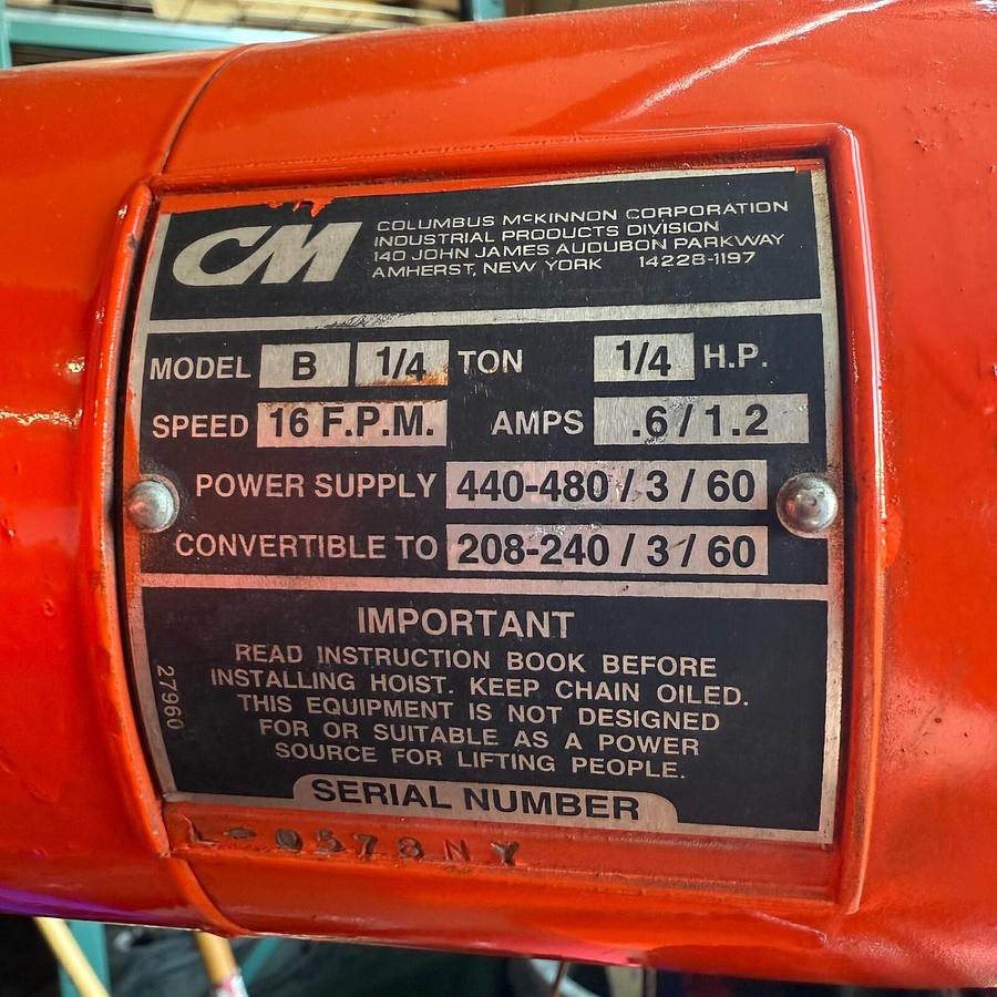 Used CM LODESTAR MODEL B - 1/4 TON CHAIN HOIST -460V-3-60 POWER 16 F.P.M. ($1350 OBO)