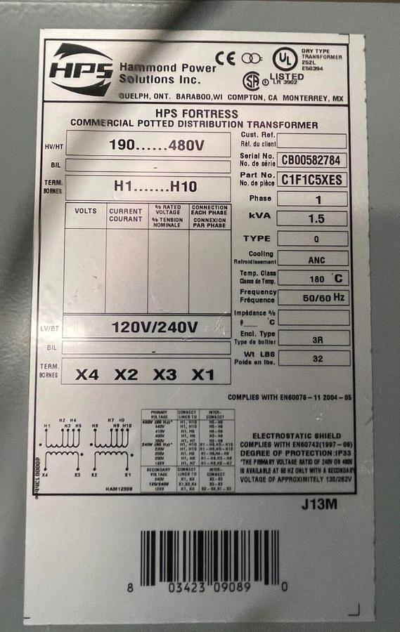 Used HPS Part No C1F1C5XES Transformer 1.5kVA NEW! ($299.99 OBO!!!)