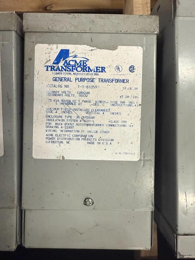 Used ACME CAT. NO. T-1-81059 Transformer - 0.75 kVA - ($75 OBO)