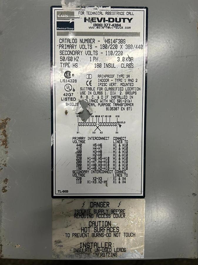 Used EGS HEVI-DUTY HS14F3BS Transformer 3kVA ($140 OBO)