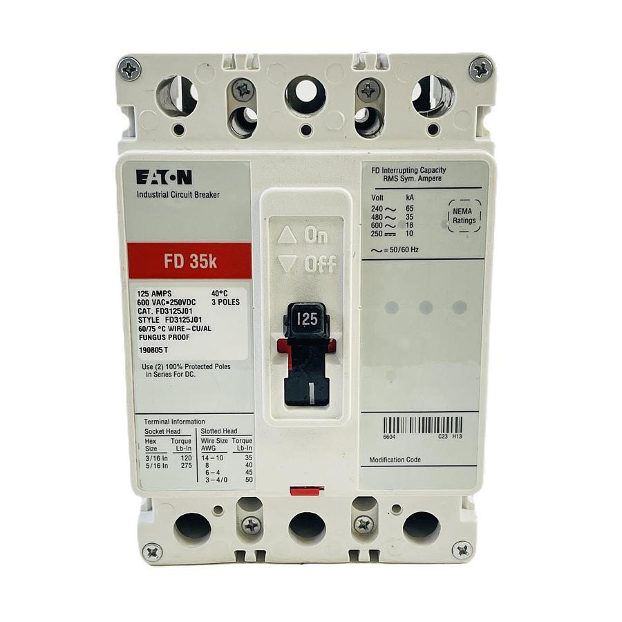 EATON FD3125J01 SERIES C MOLDED CASE CIRCUIT BREAKER 3 POLE 125 AMP 600V 35KAIC 