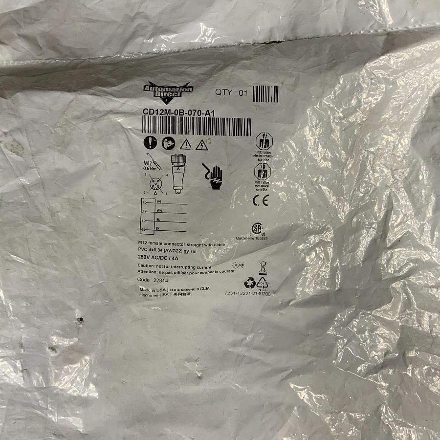 AUTOMATION DIRECT CD12M-0B-070-AQ M12 FEMALE CONNECTOR CABLE ($10 OBO)