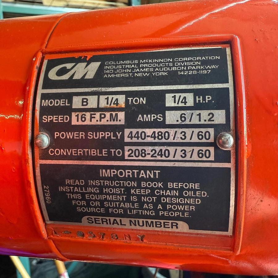 Refurbished CM LODESTAR MODEL B - 1/4 TON CHAIN HOIST -460V-3-60 POWER 16 F.P.M. ($1350 OBO)