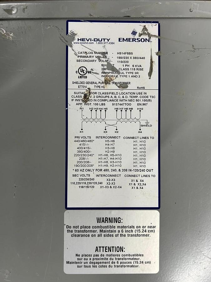 Used Emerson HEVI-DUTY HS14F5BS 5kVA Transformer ($799.99 OBO!!!)