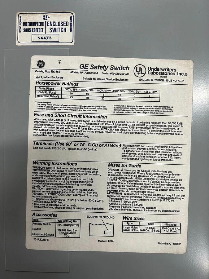 Used GE Safety Switch TH3362 $200