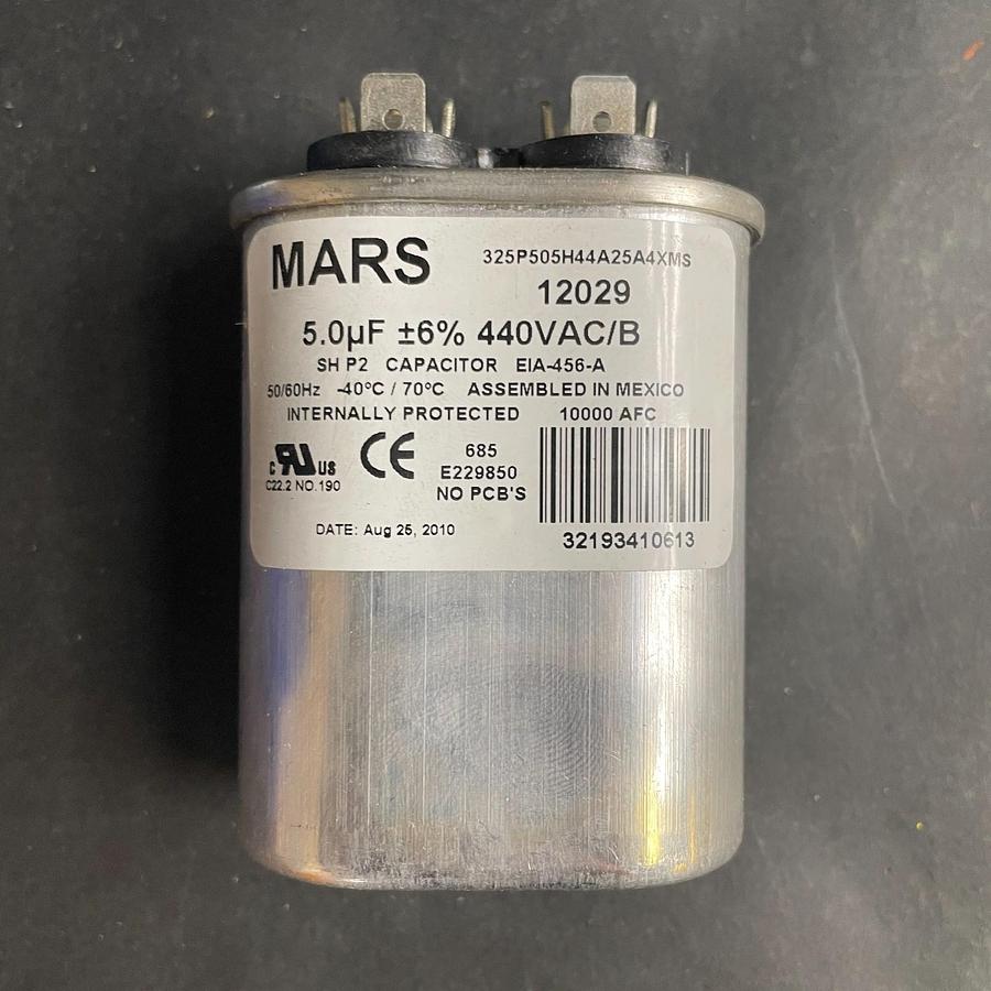 Used MARS 12029 MOTOR RUN CAPACITOR 5 MFD 440/370VAC OVAL 50/60HZ HVAC OEM