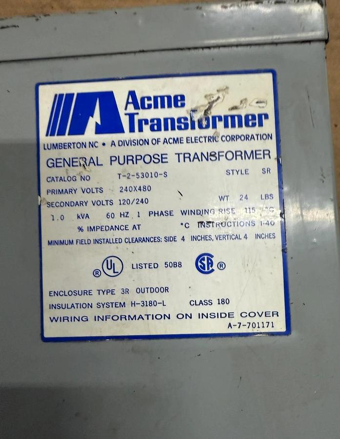 Used Acme Transformer CAT. NO. T-2-53010-S Transformer - 1.0 kVA - ($90 OBO)