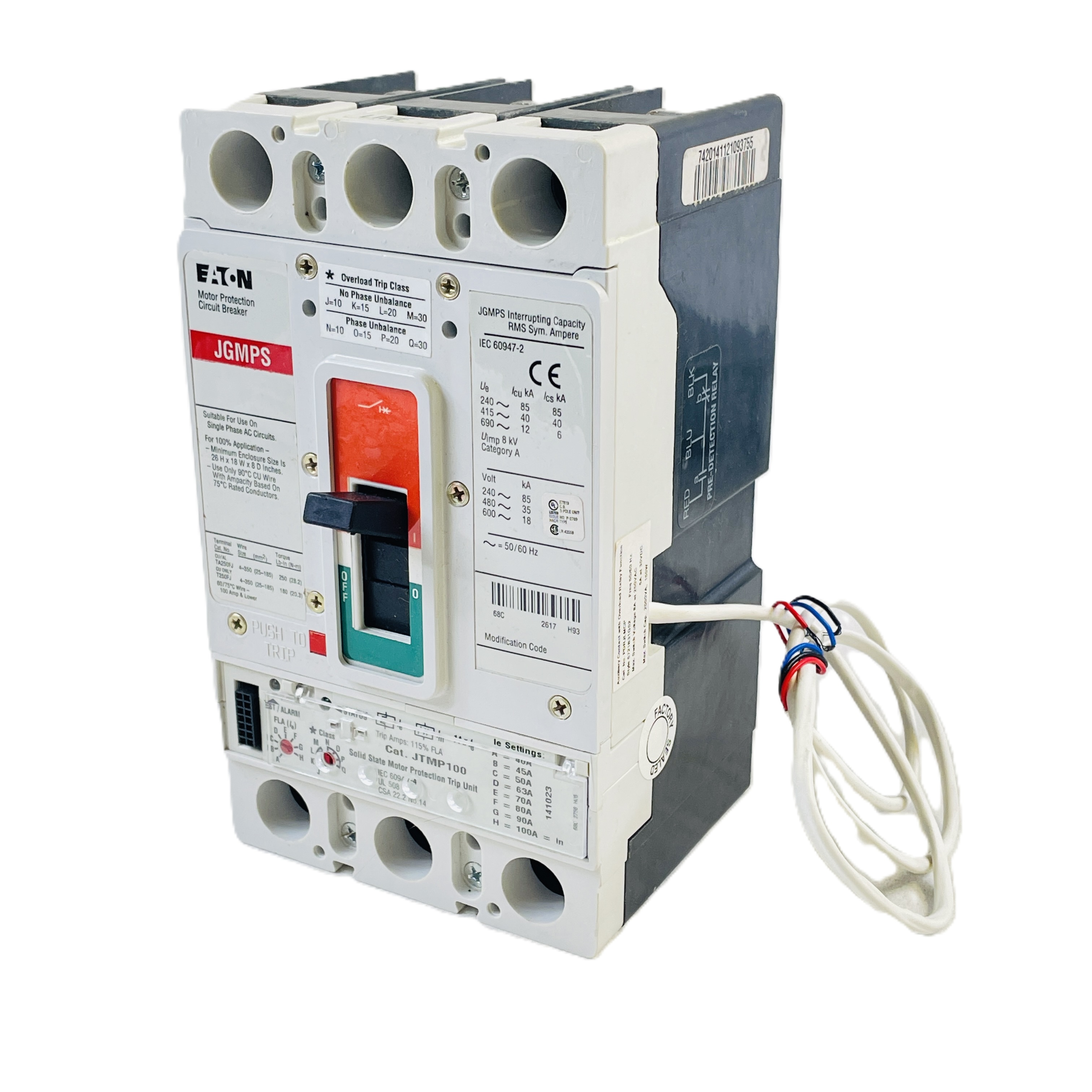 Refurbished EATON JGMPS100WA3D15Y2 MOTOR PROTECTION CIRCUIT BREAKER 3 POLE 100A 690V
