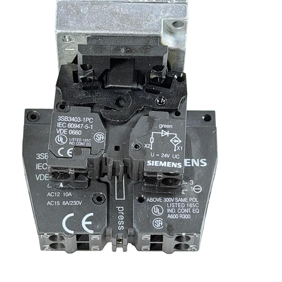 Used LOT OF 3 SIEMENS 3SB3403-1PC 22MM GREEN PUSHBUTTON ASSEMBLY 24V LED BLOCKS