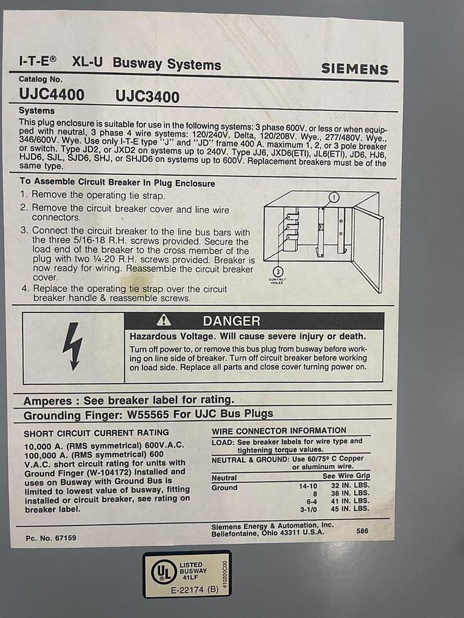 Used SIEMENS ITE UJC4400 XL-U CIRCUIT BREAKER PLUG ($3400 OBO)