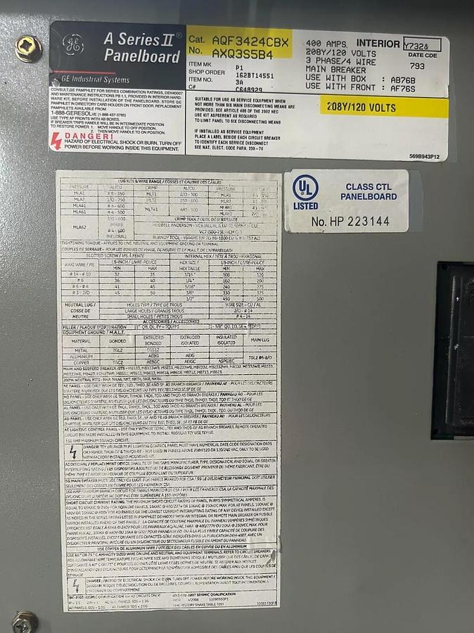 Refurbished GE A Series II Panelboard Cat AQF3424CBX 400A 208Y/120V ($1,399.99 OBO!!!)