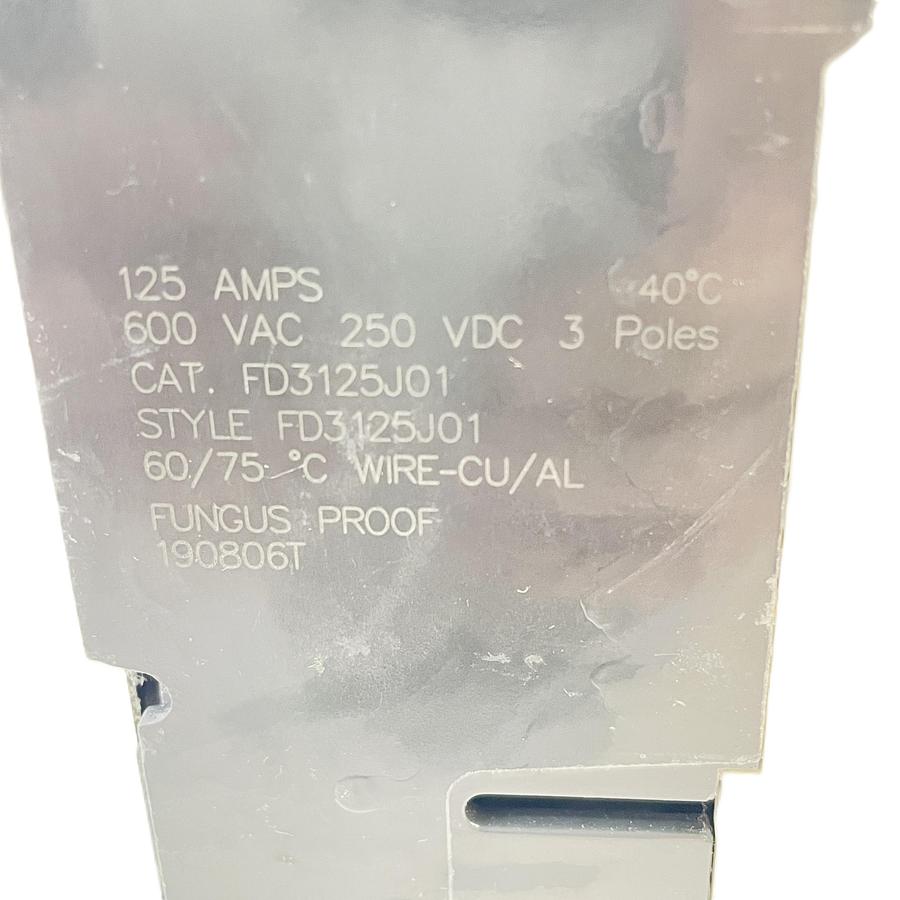 EATON FD3125J01 SERIES C MOLDED CASE CIRCUIT BREAKER 3 POLE 125 AMP 600V 35KAIC 