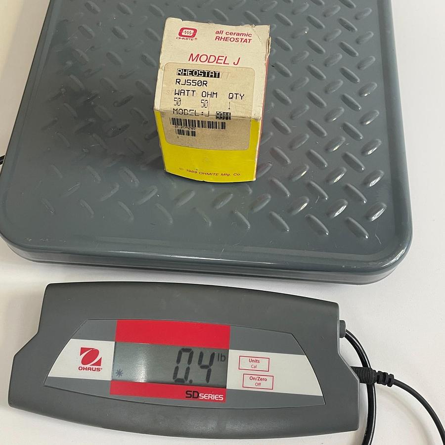 Used OHMITE RJS50R MODEL J ALL CERAMIC RHEOSTAT 50 OHM 50 WATT WIREWOUND +/- 10% OEM