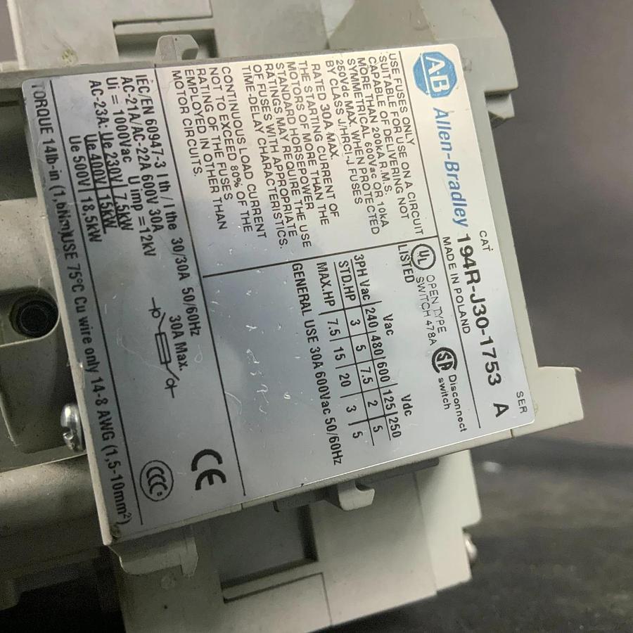 Used ALLEN BRADLEY 194R-J30-1753 SER A DISCONNECT SWITCH ($100 OBO)