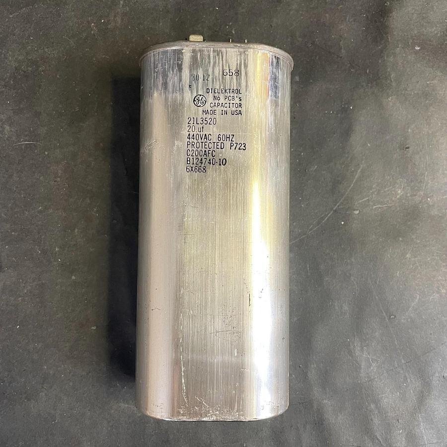 Used GENERAL ELECTRIC 21L3520 DIELEKTROL CAPACITOR 20uf, 440VAC, 60HZ