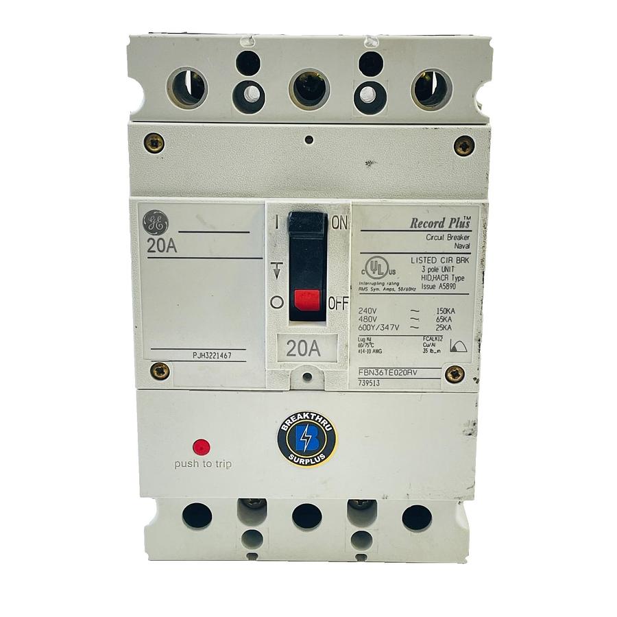 Used GENERAL ELECTRIC FBN36TE020RV RECORD PLUS FB100 CIRCUIT BREAKER 20A 3P 480V 65KA