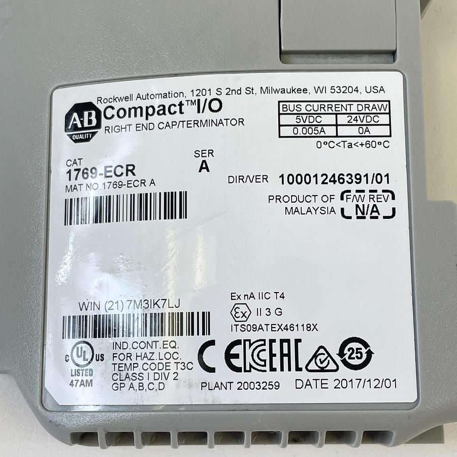 Used ALLEN BRADLEY 1769-ECR SERIES A COMPACT I/O RIGHT END CAP TERMINATOR INDUSTRIAL